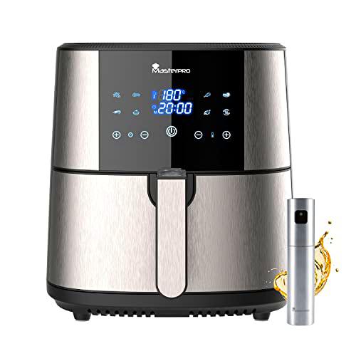 MasterPro Foodies | Kit de Freidora Sin Aceite XXL de 6L y 1800W Junto con Spray Pulverizador de Aceite | Pantalla LED Táctil y Cesta Antiadherente | Freidora de Aire | 8 Funciones Diferentes en 1