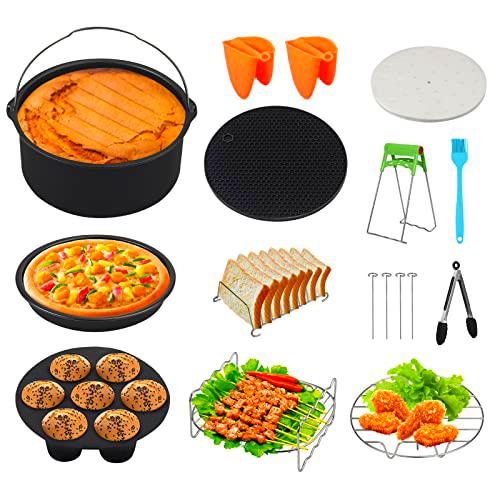 COLFULINE 17 pcs Accesorios para Freidora de Aire 7'' 3,2L-4,5L kit de Accesorios Universal para Freidora de Aire Molde Pizza Pinchos Brochetas Guantes Parrilla De Cocción Para Philips Gowise COSORI