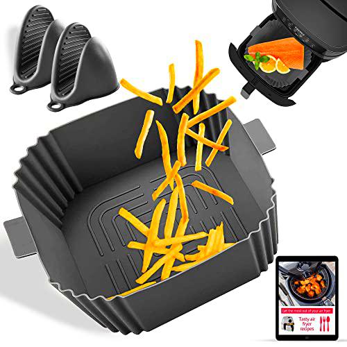 Molde Silicona Freidora de Aire con 2 Manoplas y Recetario | Reutilizable y Antiadherente | Accesorios Freidora Sin Aceite | Moldes para Freidora de Aire de 3L