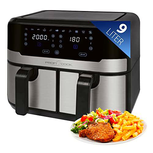ProfiCook® Freidora de Aire Caliente Doble 9 litros | Caliente XXL Doble Cámara | Freír con aire caliente sin aceite adicional | 9 programas | Freidora con pantalla táctil | 2400W | PC-FR 1242 H
