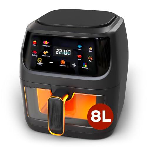 Marzono® Freidora Aire 8L 2400W Freidora de Aire Con Pantalla Tactil Regulación De Temperatura Y Tiempo Ventana De Visualización Air Fryer Freidora Freidora Sin Aceite Programable Negro (8 Litros)