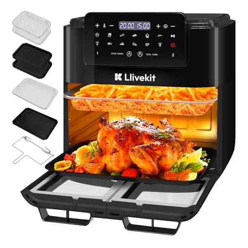 LLIVEKIT Freidora de Aire 15L con 2 Cestas, Horno Freidora sin Aceite con 12 Funciones y 8 Accesorios