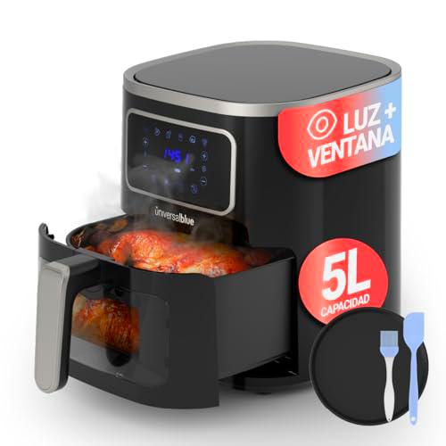 UNIVERSALBLUE Freidora de Aire Sin Aceite 5 L | Air Fryer Grande con Ventana Transparente 4-5 Personas | Control Táctil y Temporizador | 8 Programas de Cocina | Bandeja