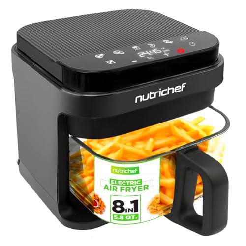 NutriChef Freidora de Aire 5.8 Quart | 8 Modos de Cocción Preestablecidos | Tazón de Freír Transparente para Mejores Resultados de Cocción