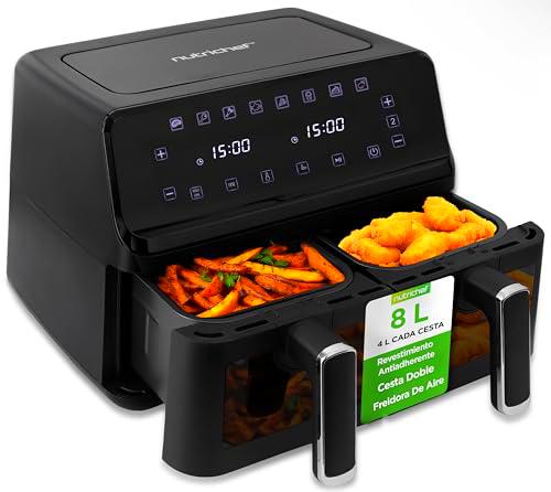 NutriChef Freidora de Aire de Doble Cesta 8.8 QT | Cocina Digital Sin Aceite de Tamaño Familiar con Ventana Transparente | 9 Opciones de Cocción Preestablecidas