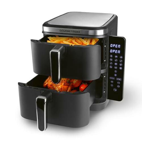 GOURMETmaxx FryUp Vertical Freidora de Aire Caliente Doble Cámara | Airfryer vertical | Pantalla táctil abatible | 32% más de ahorro de espacio | Capacidad 10L | Freidora de aire caliente 2 cámaras